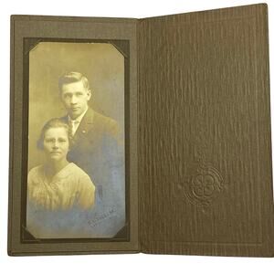 Antique Folding Framed Portrait Photo Card Couple 1910s C.L. Daggett Seymour WI